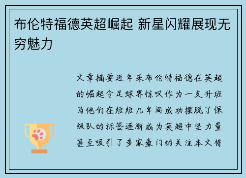 布伦特福德英超崛起 新星闪耀展现无穷魅力